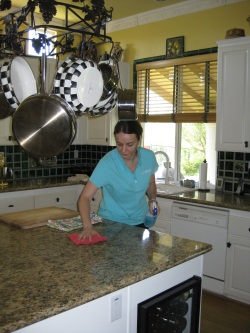 A picture of our staff cleaning kitchen counters